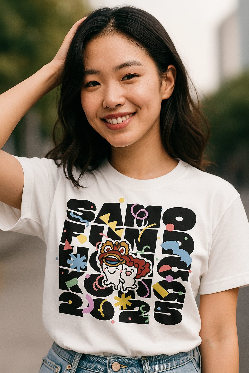 Model wearing the Samofund X tee on the street